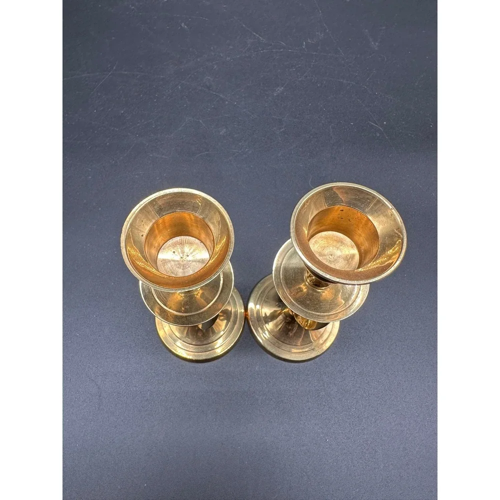 Vintage Brass Ribbon Candlestick Holders Pair Gold Taper Mid Century